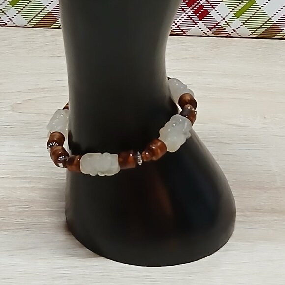 Hand Crafted Handmade Beaded Unisex Stretch Bracelet Brown & White #16 - Picture 5 of 11
